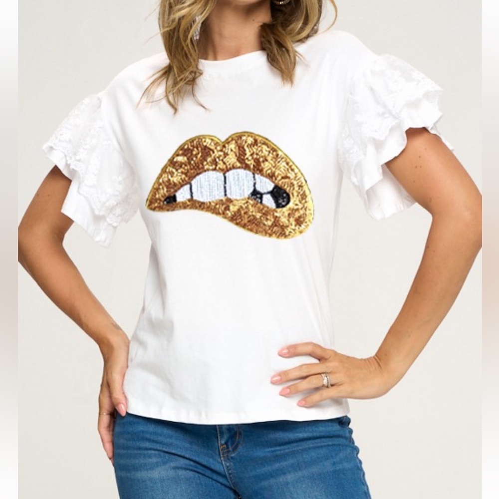 19 Chic Euro Graphic Tee with Layered Lace Sleeves